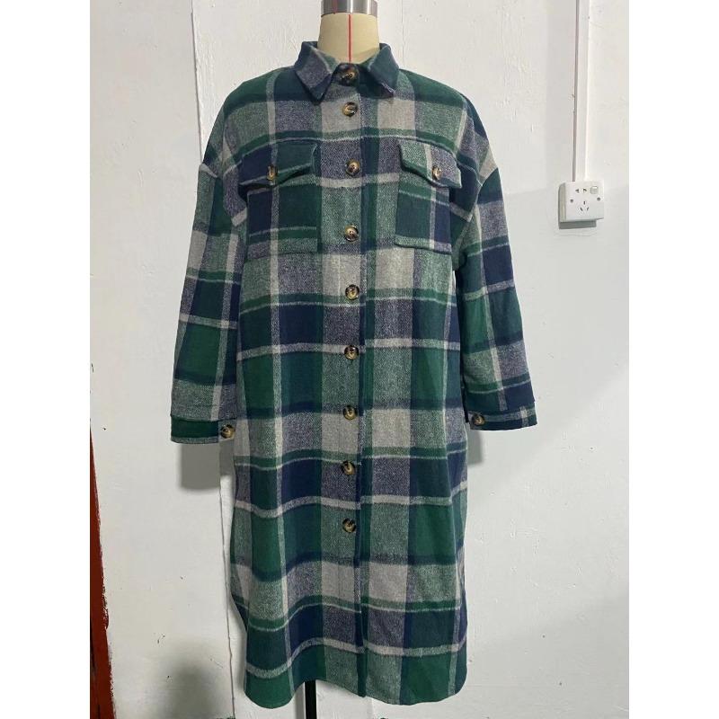 Women's Autumn Winter Plus-size Long Split Woolen Plaid Trench Coat