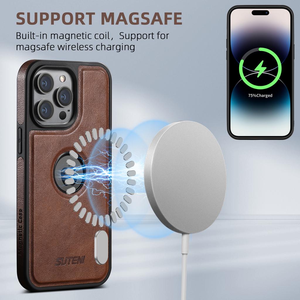 SUTENI Wireless Charging Luxury Faux Leather Magnet Phone Case for IPhone 17 Pro Max 16 Plus 15 14 13 12