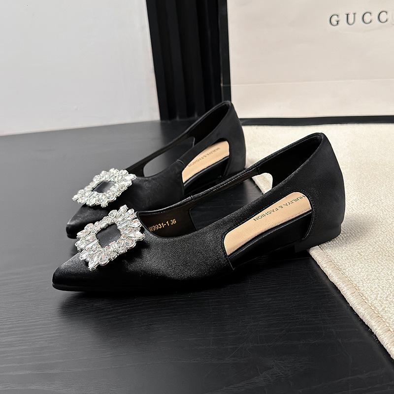 W9931-1 black side empty single shoes, rhinestone bag head sandals for women, new models in summer 2025, shallow mouth with skirt for women