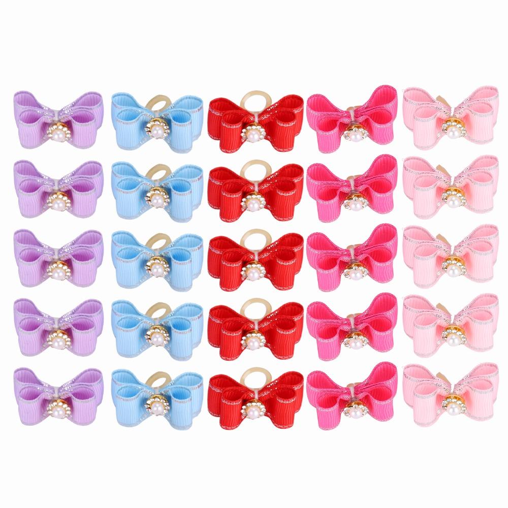 25Pcs Pearl Decor Pet Hair Bow Elastic Band Dog Hair Flower Pet Pearl Ornament Dog Grooming
