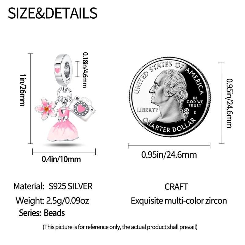 Charms Original Copper Pink Flowered Dress Beads Fit Bracelet Diy Fine Gift Women Delicate Jewelry Accessory