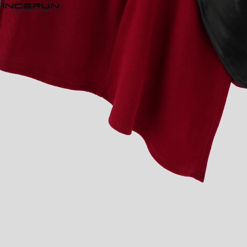 INCERUN Autumn Men's High Neck Long Sleeve PU Patchwork Irregular Casual T-shirts Undershirts