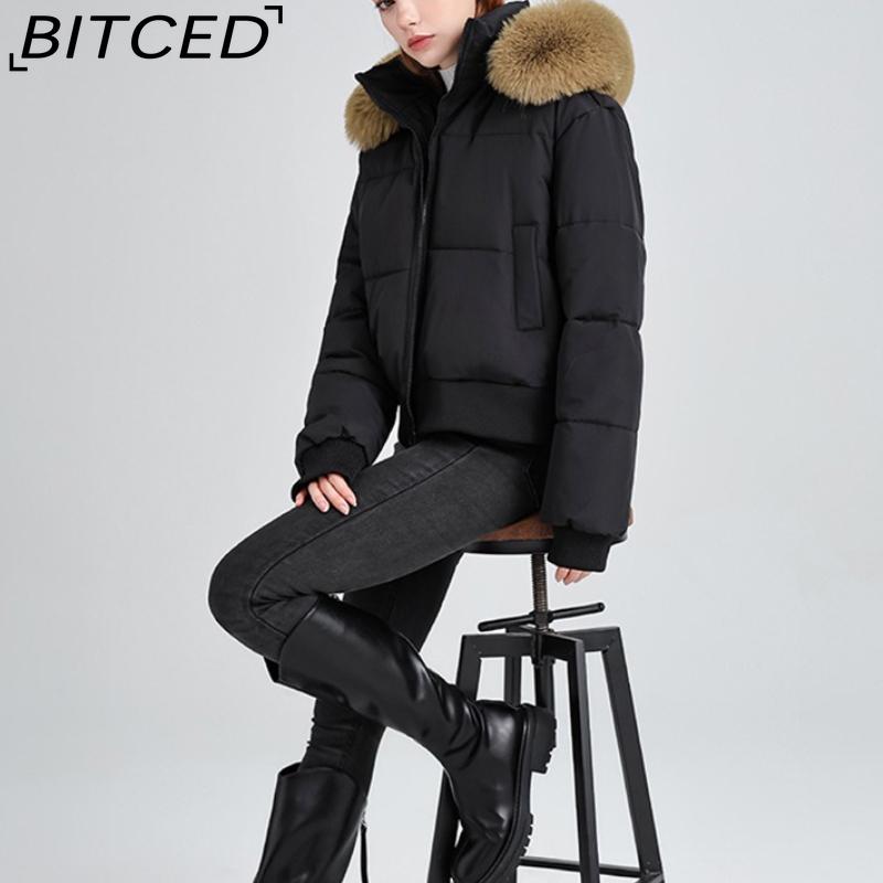 BITCED High-Waisted Oversized Fur-Trimmed Hooded Cropped Cotton Jacket for Women Autumn/Winter Down-Filled Cotton Jacket Slim-Fit Jacket Outerwear