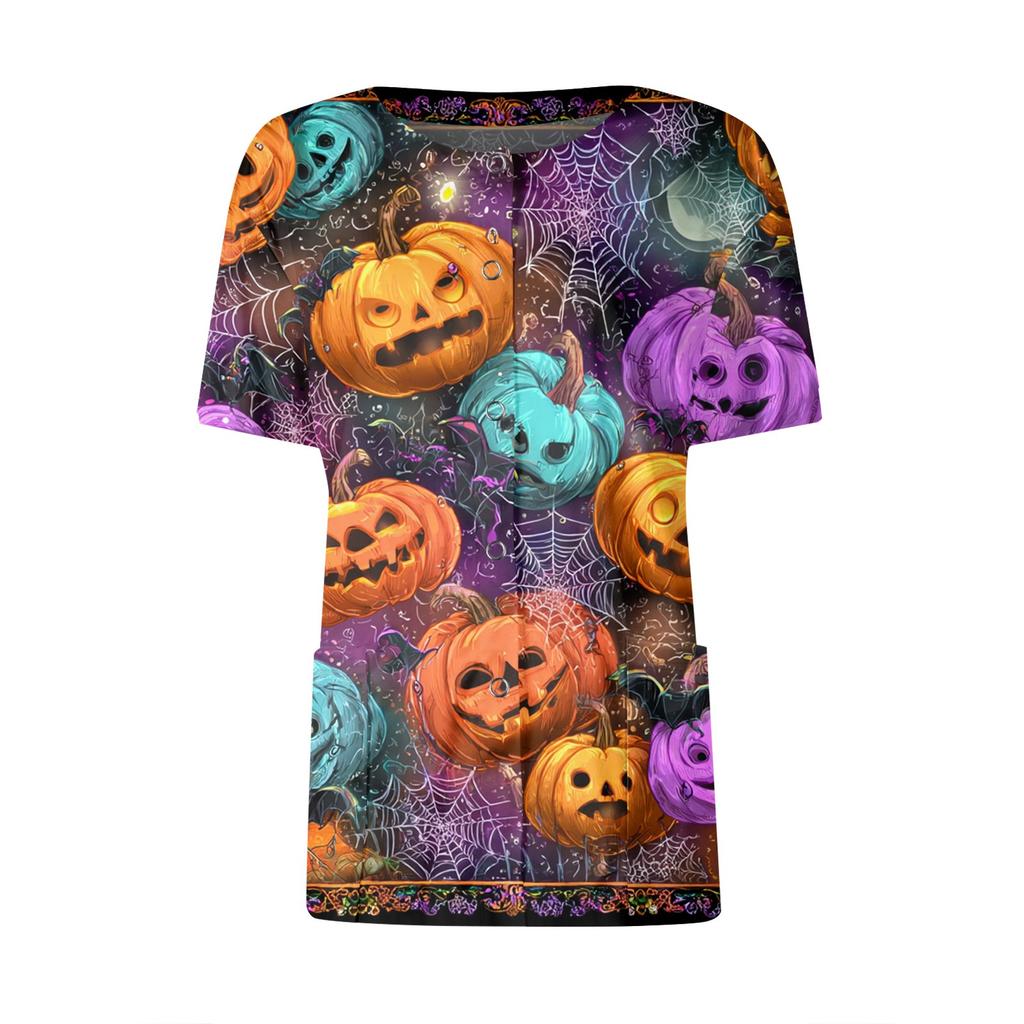 Women's Short Sleeved Patterned Pockets, Work Print Stand Up Collar, Single Breasted Protective Clothing, Cardigan Jacket, Top