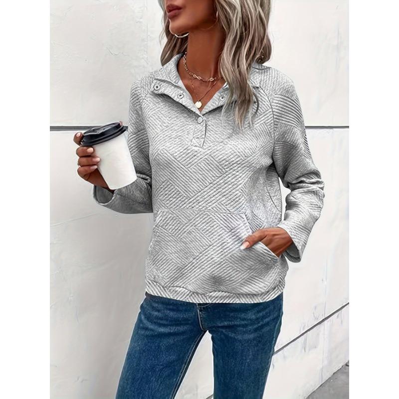 Buttoned Collar Long Sleeve Solid Texture Casual Women S Sweatshirt