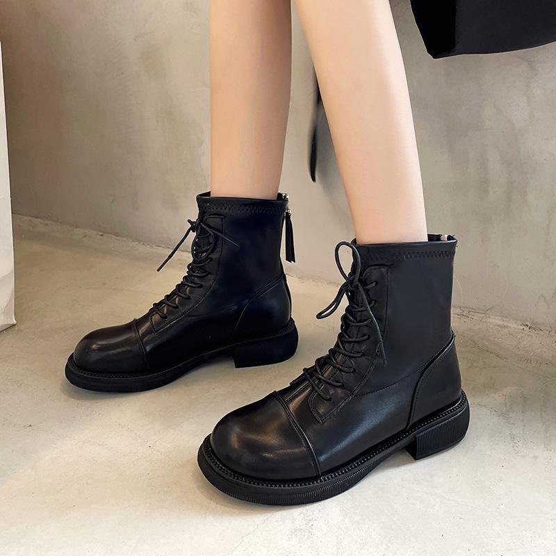 Leather Boots Women's 2025 Autumn and Winter New Retro Low Boots Round Head Thick Heel Boots Soft Leather Lace-up Martin Boots Women