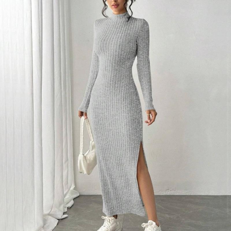 Autumn Winter Solid Long Sleeve Half Turtleneck Maxi Dress Women's Elegant Side Slit Skinny Elastic Gray Knitted Dresses Women