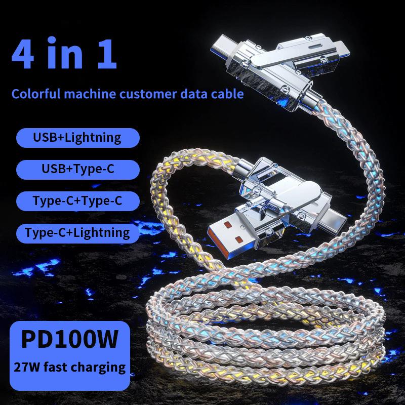 

Кабель для быстрой зарядки 4 в 1 100 Вт с цветной RGB-подсветкой, USB Type-C, кабель для передачи данных для iPhone 15 14 Pro Max, iPad, Samsung, Xiaomi