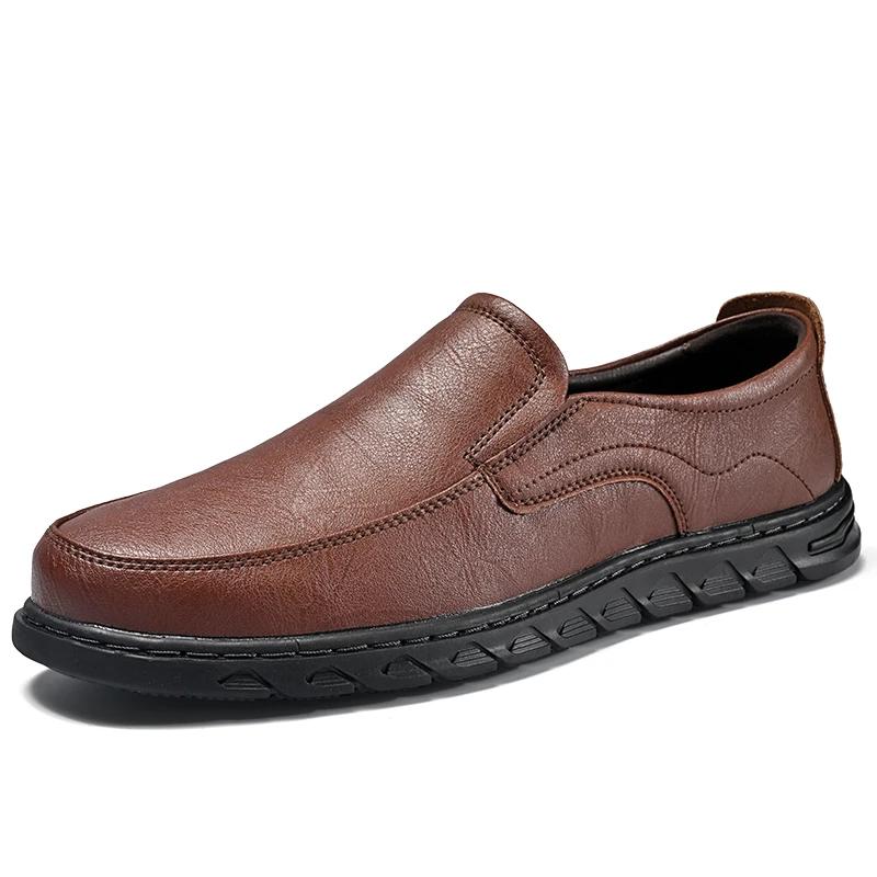 Fashion Classic Brand Men's Leather Casual Shoes Soft Soles Soft Surfaces Men's Loafers Versatile Low Cut Shoes Wear-resistant Brown
