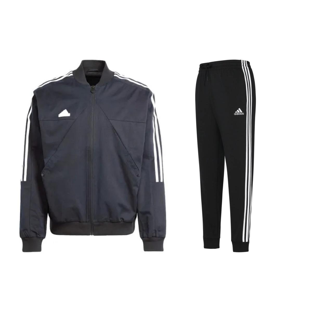 

Adidas Fitted Comfortable Solid Color Long Sleeve Tie Waist Mid Rise Pants Casual Sports Set Men sets Black IP3791+GK8831 S