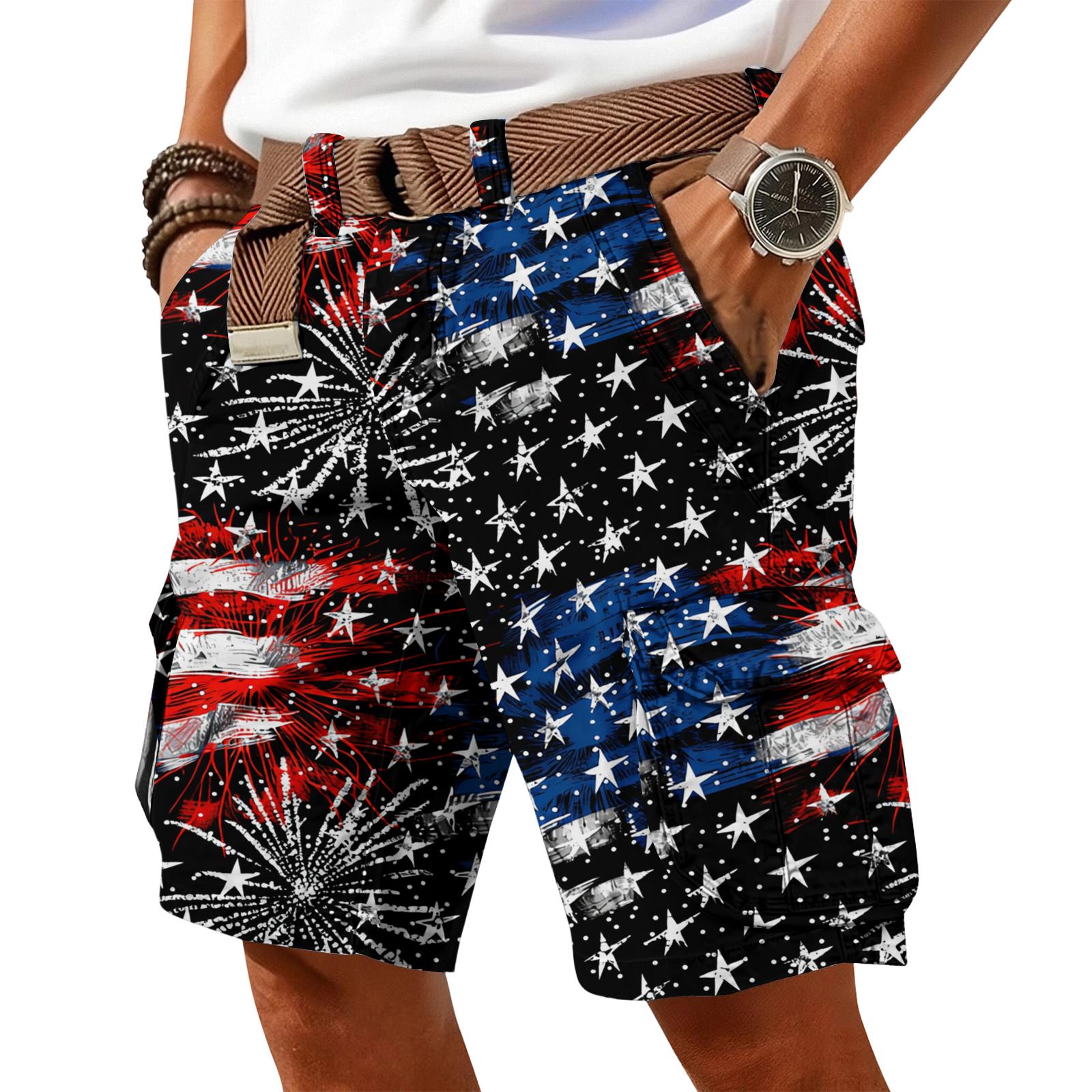 

Men’s Cargo Shorts with Flag Print Relaxed Fit Multiple Pockets Belt Included Casual Summer Outdoor Wear L чёрный