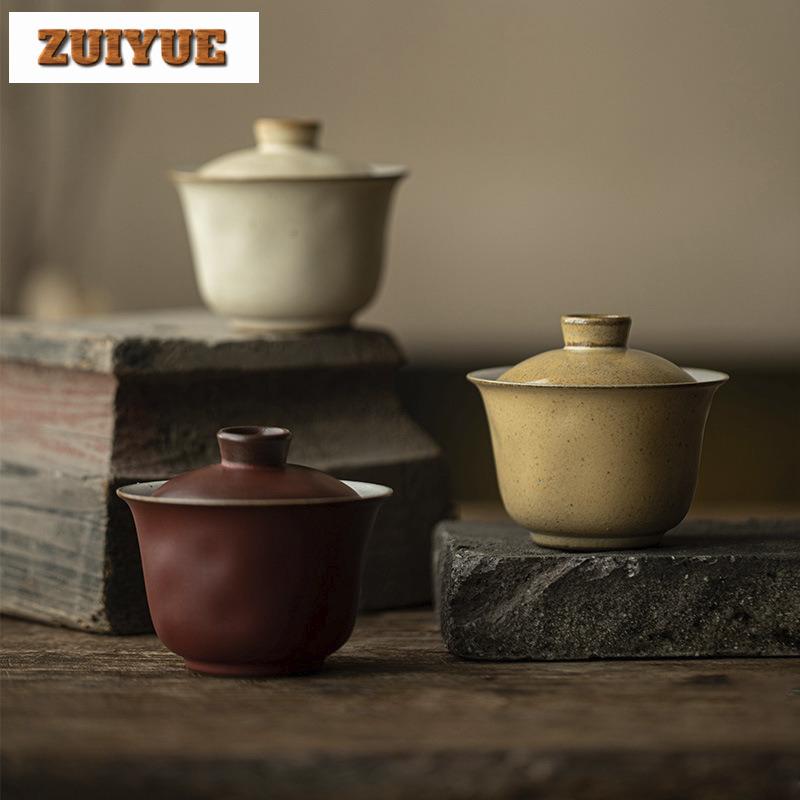 120ml Coarse Pottery Handmade Covered Bowl Japanese Boutique Small Gaiwan Elegant Tea Tureen Tea Maker Drinkware Collection Gift