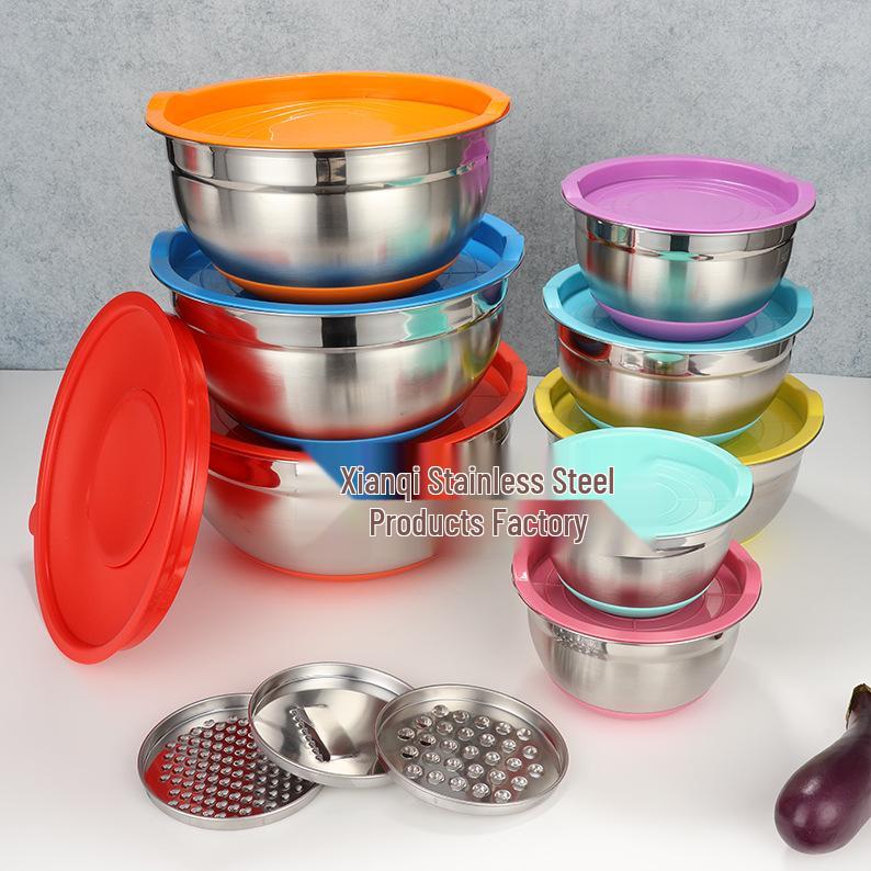 American-Style Silicone-Lidded Salad Bowl Set - Stainless Steel, Multi-purpose for Cooking, Baking, and Egg Beating.