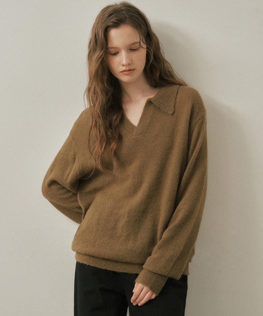Wednesday Oasis For Woman W/Ash Open Collar Wool Knit_Khaki Brown(Wc25-Kn82)