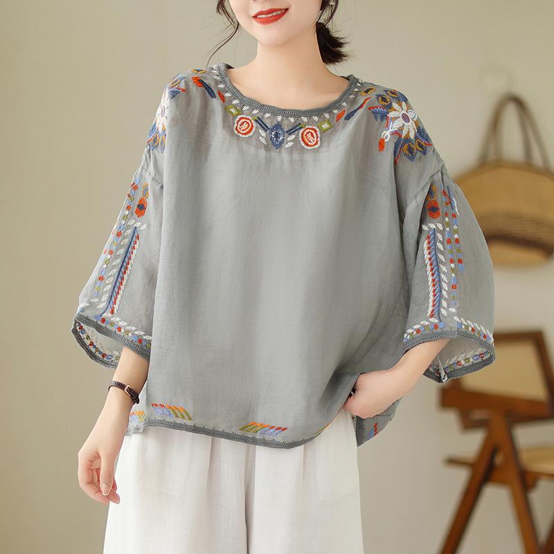 

Ethnic Embroidered Plus Size Summer T-Shirt 2023 - Elegant and Versatile Loose Fit Top XL
