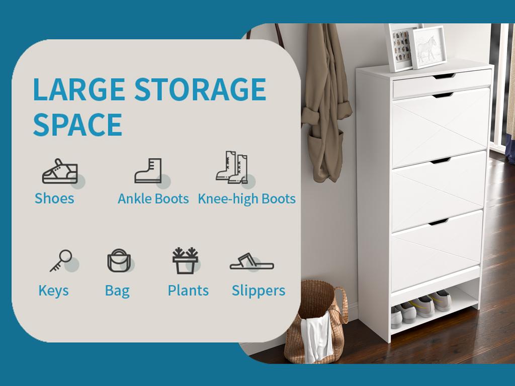 3 Drawer Blister Shoe Rack Cabinet, Wooden Shoe Cabinet with Pull-Out Shelf on Top, 2 Levels, White