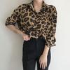Damen Retro Leopardenmuster Langarm Revershemd