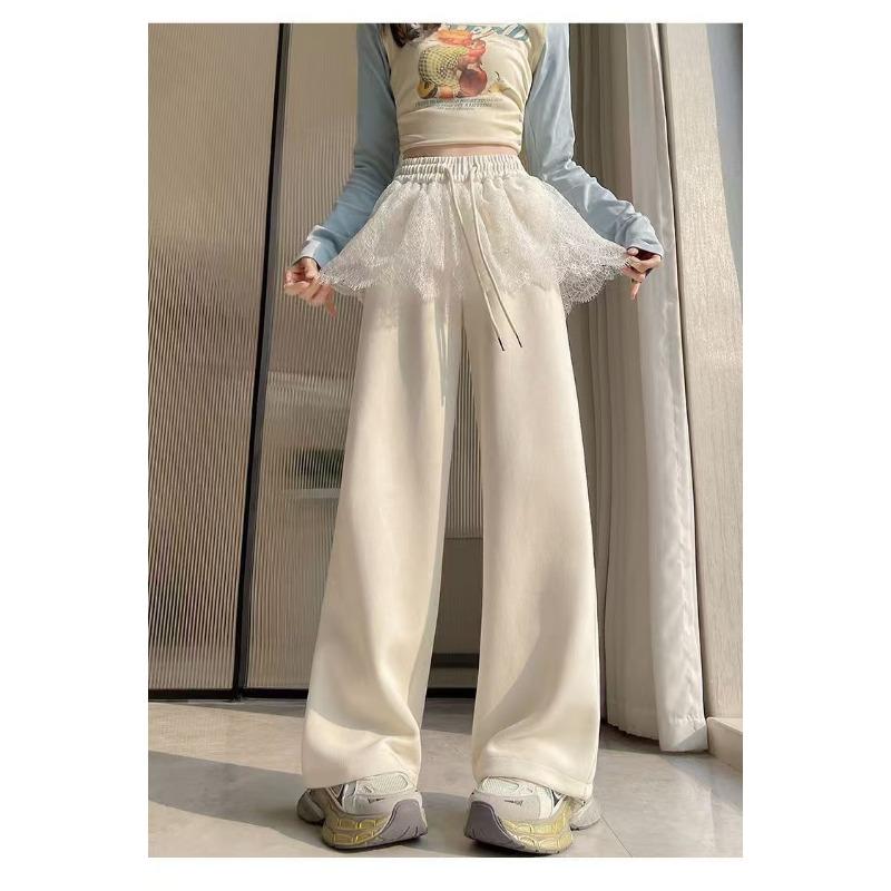 Women High Waist Lace Trim Wide Leg Sweatpants, Casual Loose Drawstring Trousers With Lace Overlay S абрикосовый