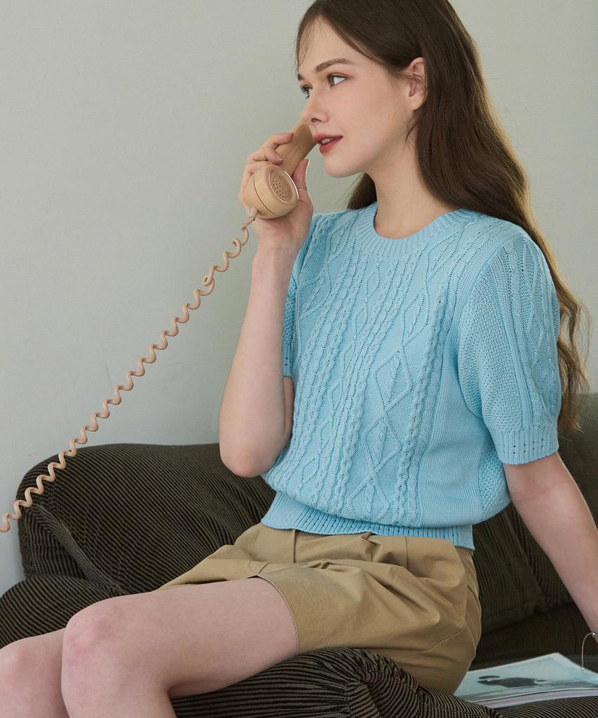 Deuloupisumeon Scalloped Cable Short Sleeve Knit [Sky Blue]