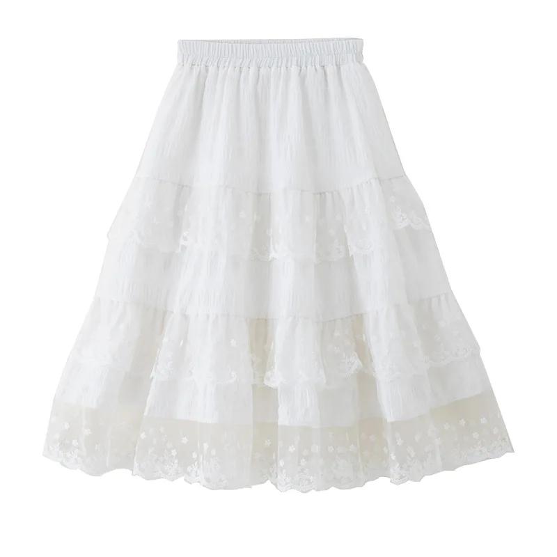 School Stylish Girls Princess Tiered Skirt Summer Long Lace Dress Elegant White Party Skirt for Little Girls (Toddler To Kids)