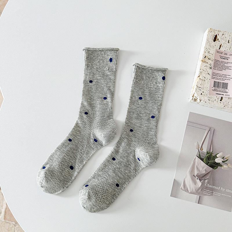 Women's Polka Dot Mid-Calf Cotton Socks with Rolled Cuffs - Retro Mesh, Breathable, Slouchy, Versatile, Casual Style
