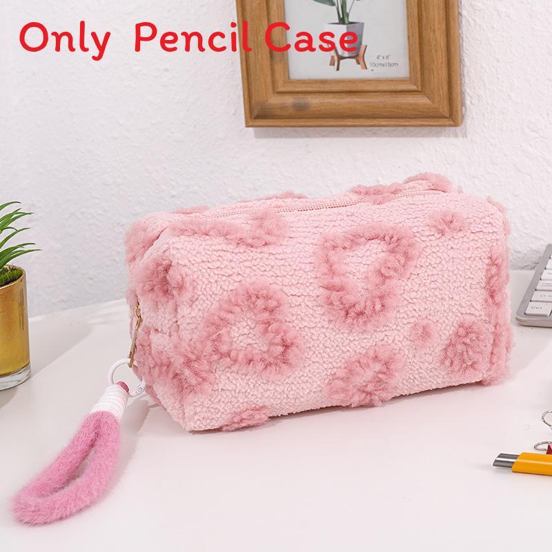 Cute Pink Plush Pen Case With Spacious Design For Girls Stationery Organizer For School Use