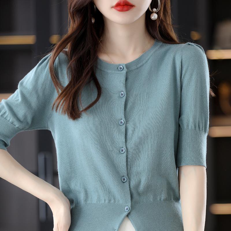 

Round Neck Short-sleeved Cardigan for Women In Summer New Solid Color Puff Sleeve Top French Exterior Half-sleeved Thin Shirt S