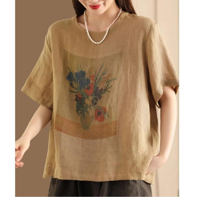Women Summer Round Neck Short Sleeve Floral Vase Print Linen Cotton Casual Blouse