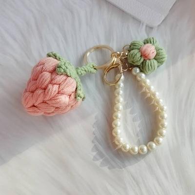 Crochet Flower Keychain Handmade Flower Fruit Bag Charm Cute Keychain Pendant with Faux Pearl Chain Accessory for Girls Women Keys Backpack