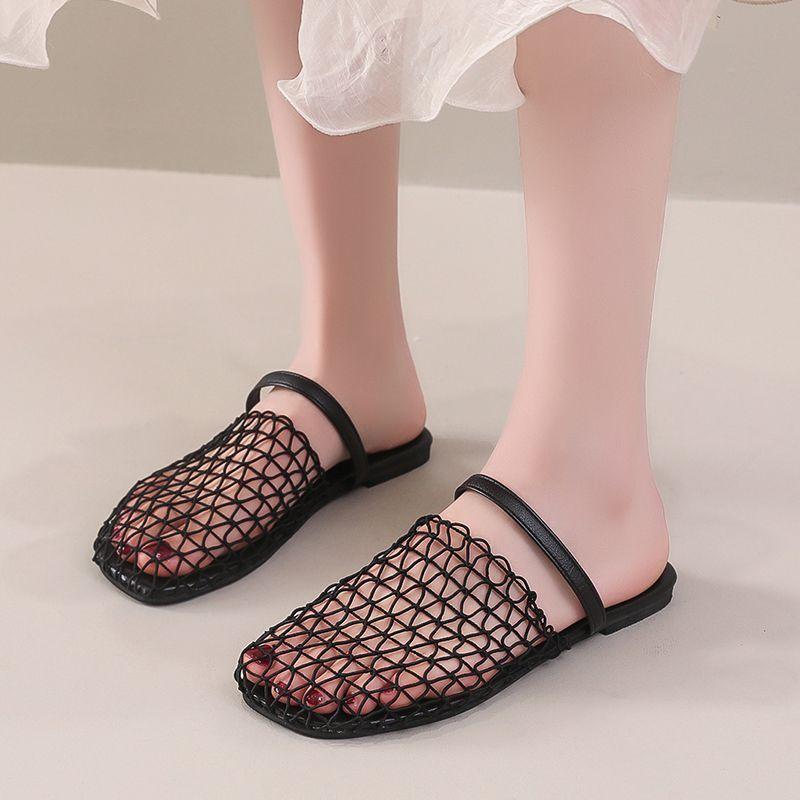 Flat bottom round head two wear bag head drag 2025 summer new French mesh woven hollow sexy temperament cool slippers