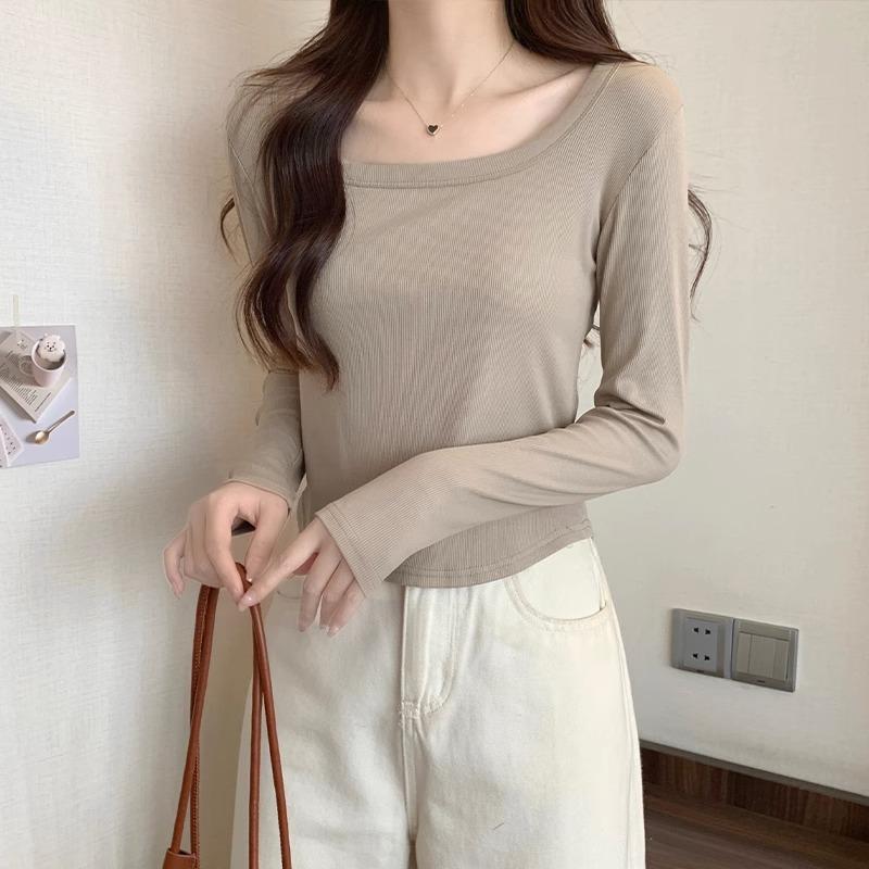 Curved hem square neck long-sleeved T-shirt for women in autumn new hot girl slimming short style layered with clothes
