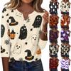 Women's Casual Halloween Print V Neck Button Front Three Quarter Sleeve T Shirt Top Lightweight Soft Fabric Comfortable Fit