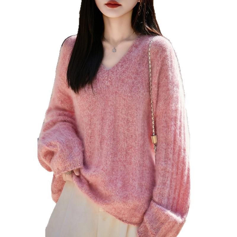 Autumn 2025 Solid V-Neck Brushed Knit Wool Sweater - Loose, Fashionable, Cozy Pullover