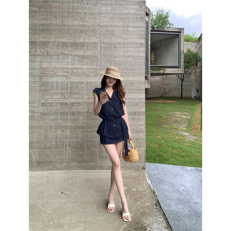 

Kumikumi Old Qian Style Suit Elegant Lapel Sleeveless Shirt Women Summer Slimming All-Match Tutu Two-piece Set Navy Blue Culottes L