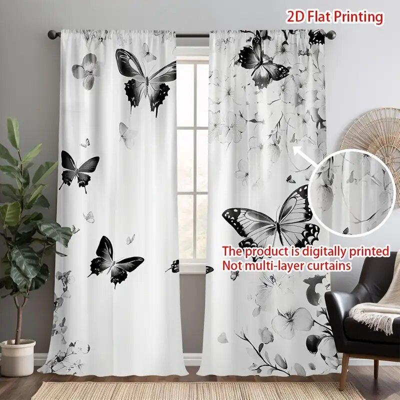 2 Stück - Schwarze Vorhänge mit Schmetterlingsdruck, Stangenschlaufen-Vorhänge, Heimdekoration, Raumdekoration