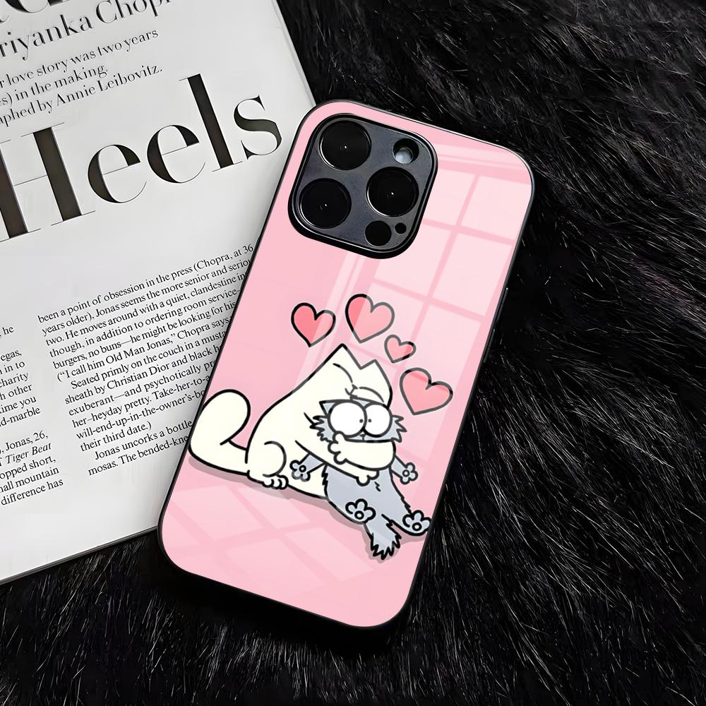 S-SIMONSE-C-CAT Phone Case For IPhone 17 Air 16 E Pro Max 15 14 13 Mini 12 Pro 11 Max Plus Black Glass Cover
