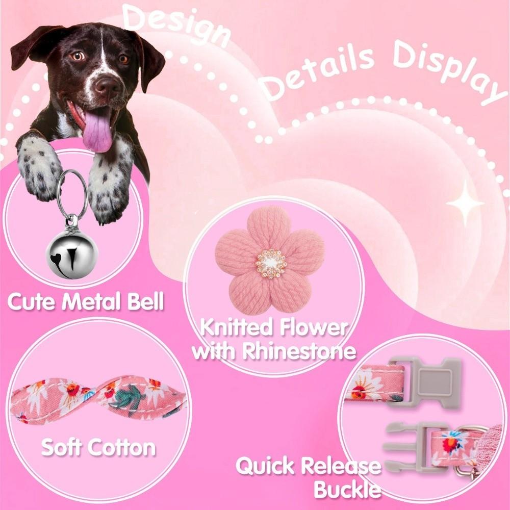 Adjustable 3D Flower Dog Collar Nylon Rhinestone Floral Pet Collar Quick Release with Bell Pet Shining Collar Outdoor Walking