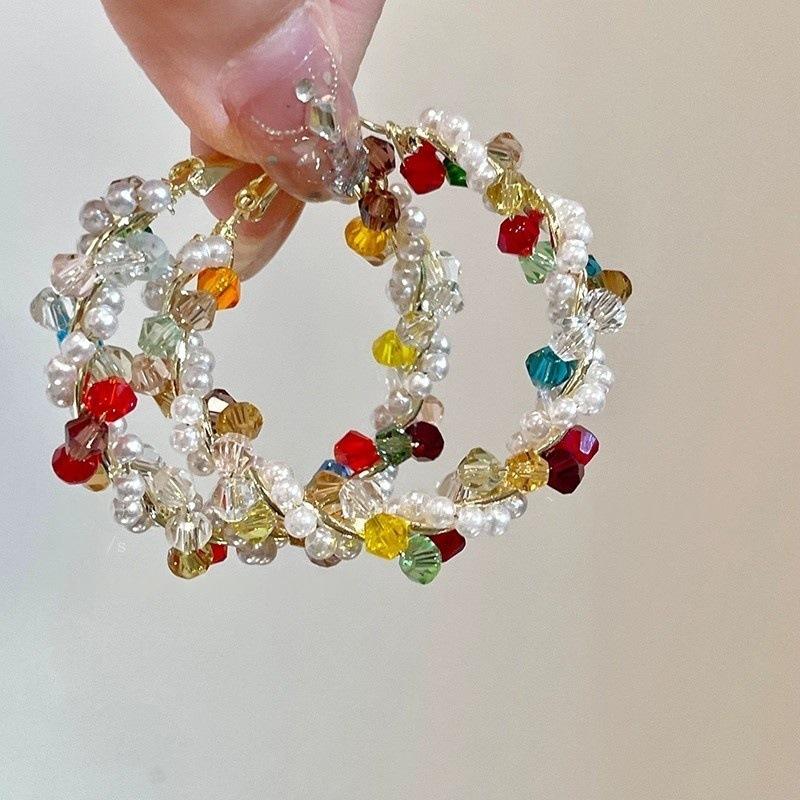 Colorful Dopamine Hoop Earrings For Women  Wrapped Beaded Earcuffs Large Circle Earrings Unique Chunky Threader Ear Jewelry