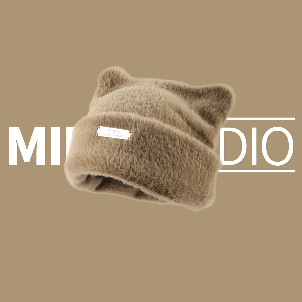 

Шерстяная шапка Женская милая кошачьи ушки Приготовленный на пару хлеб в форме кошачьих ушек Вязаная шапка Холодная шапка Модная шапка-баотоу Большая голова Шапка на талию One Size хаки