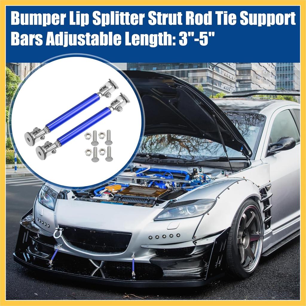Universal Adjustable Aluminum Alloy 3"-5" 75mm Car Front Bumper Lip Splitter Strut Rod Tie Support Bars Blue - Pack of 2 Auto Replacement Parts