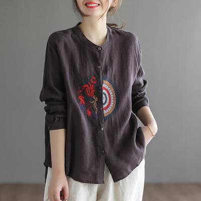 Retro-Ethno-Stil Schwerindustrie Bestickte Bluse Damen Literarische und künstlerische Plattenschnalle Stehkragen Loses Übergrößenhemd Temperamenthemd