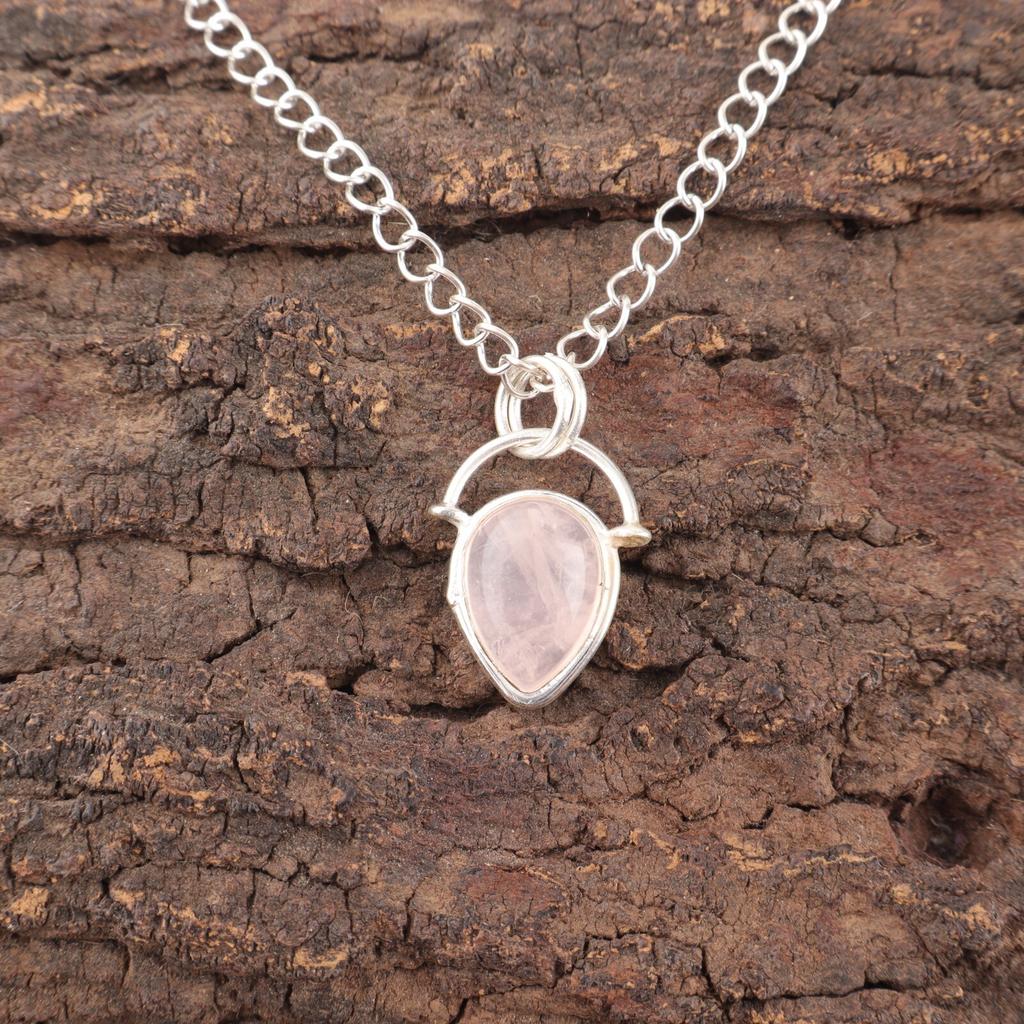 Pear Rose Quartz Gemstone Sterling Silver Boho Unique Best Sisters Gift Pendant PP-56-23