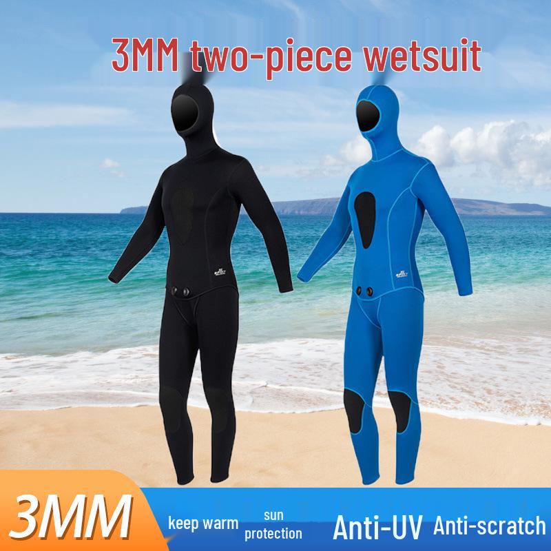 3mm Two-Piece Wetsuit with Hood for Warmth In Hunting, Snorkeling, Freediving, Surfing, and Ice Sports.