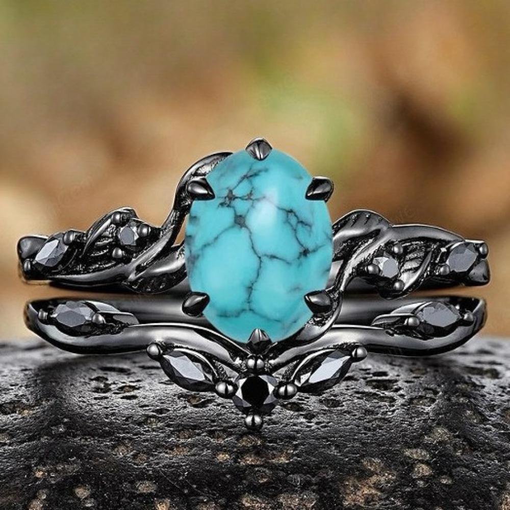 Luxury European and American New RING Alloy Inlaid Turquoise Ring, Electroplated Gun Black Women's Engagement Ring