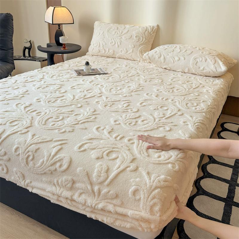 1PCS Plush Embossed Fitted Sheet Thick Warm Bedding for Autumn Winter Soft Comfortable Fabric Deep Pocket Design for Queen King Single  No Pillowcases