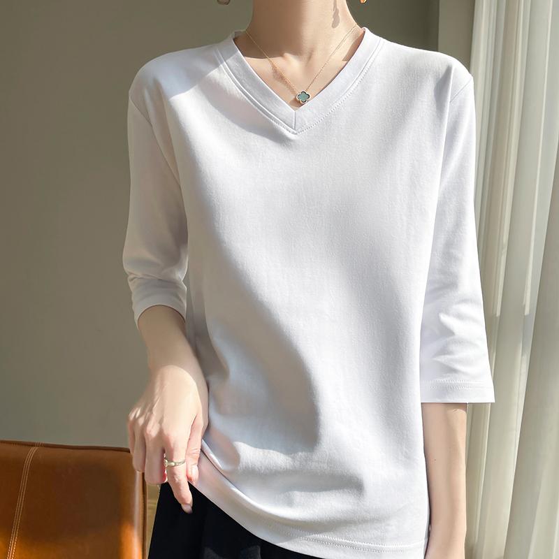 Spring And Summer White Mercerized Cotton Cropped Sleeve T-shirt Feminine Joker 100% Cotton Bottoming Shirt Half Sleeve