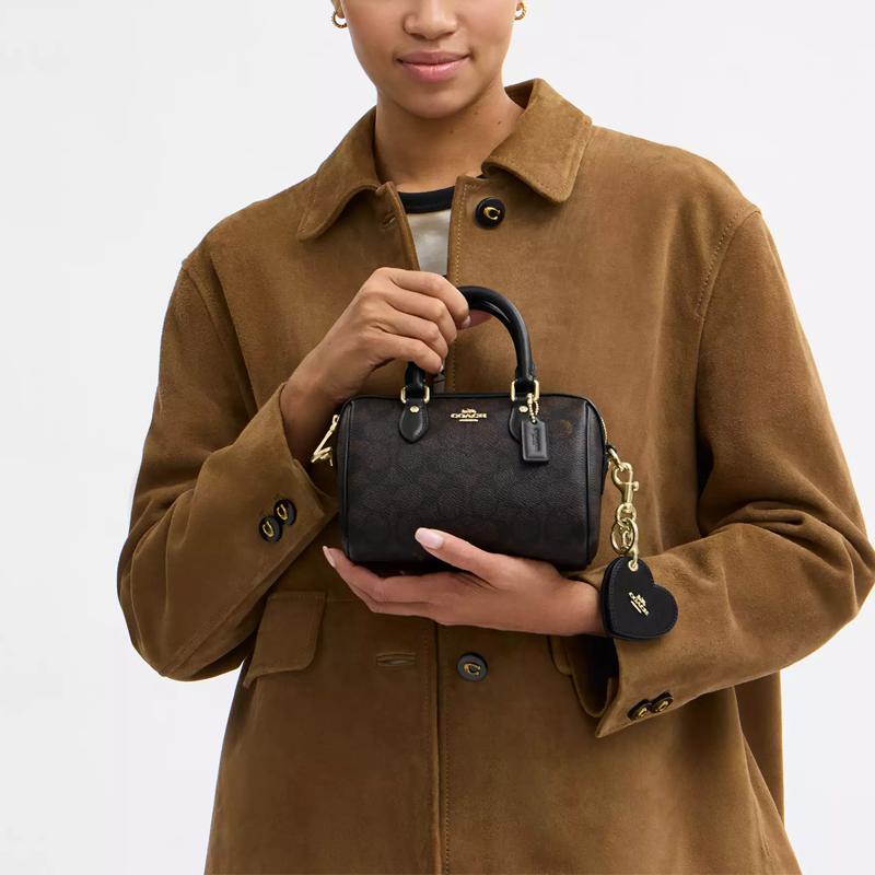 Coach Brown Signature Canvas Mini Boston Duffle Bag with Heart Charm & Gold Hardware for Daily Use