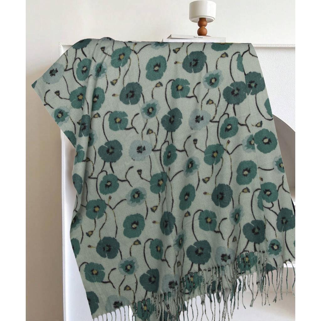 New Winter Warm Scarf Soft Faux Cashmere Shawl with Floral Print Double Color Neck Wrap Thick Fringe Stole for Women Luxury