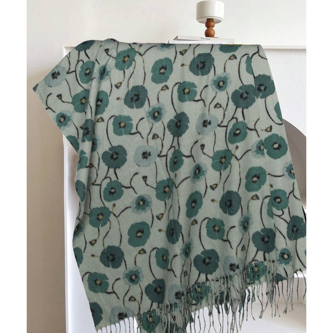 

New Winter Warm Scarf Soft Faux Cashmere Shawl with Floral Print Double Color Neck Wrap Thick Fringe Stole for Women Luxury