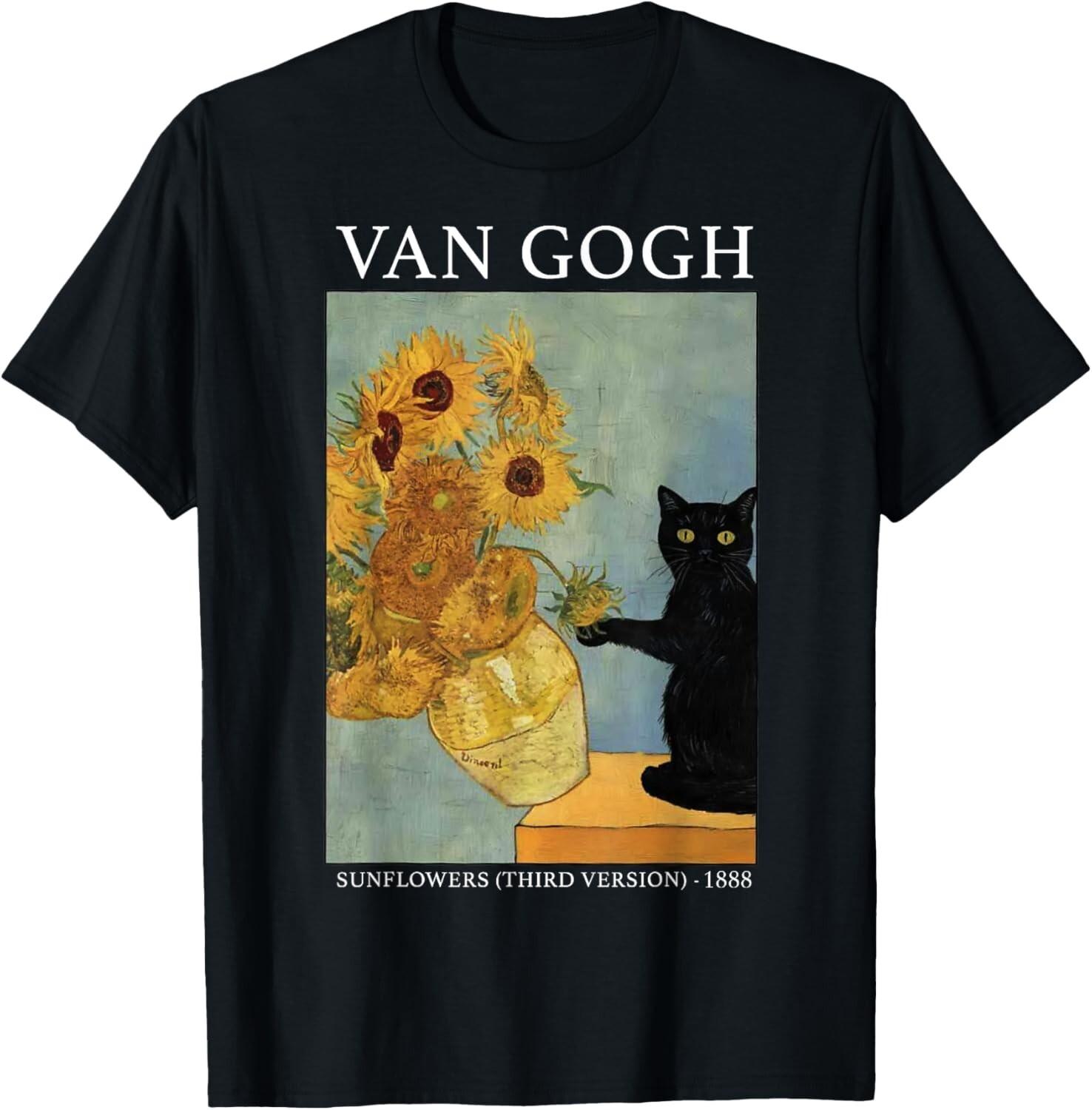 Van Gogh Black Cat With Sunflowers Funny Cat T-Shirt Mens Womens Tees Top unisex T-Shirt Mens Womens Tees Top XL